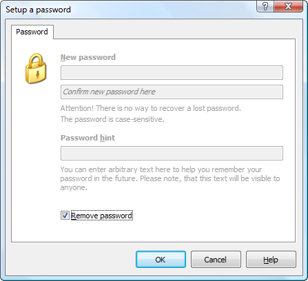 Check Remove password option to remove password from the outline.